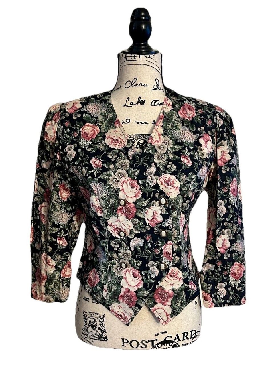 VTG 80s Lanz black floral print blazer Jacket W Shoulder Pads Sophisticated